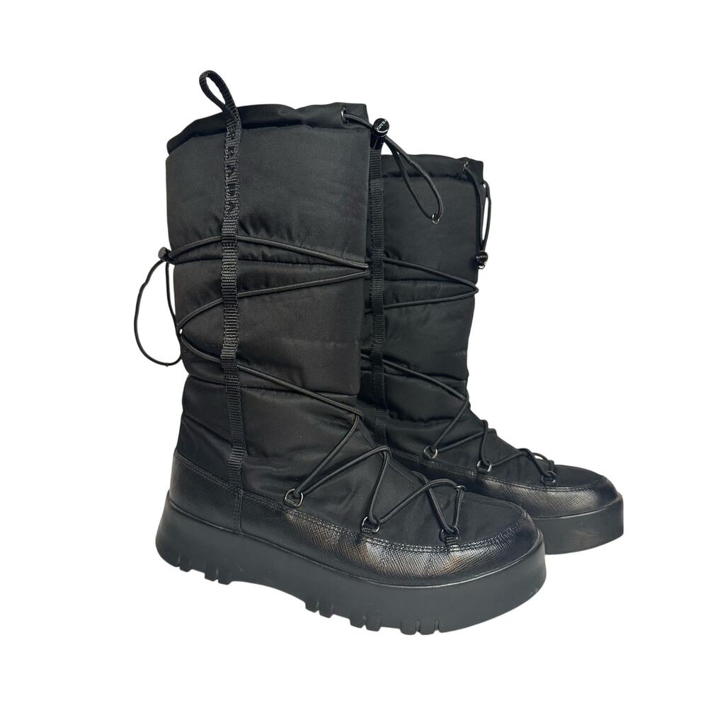 Prada Linea Rossa Saffiano Snow Boots Black EU 37.5 Nylon Mid-Calf Bungee Wrap